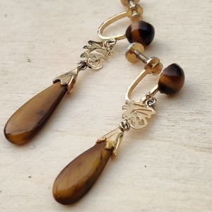 Antique tigers eye earrings + Vintage tigers eye necklace pendant
